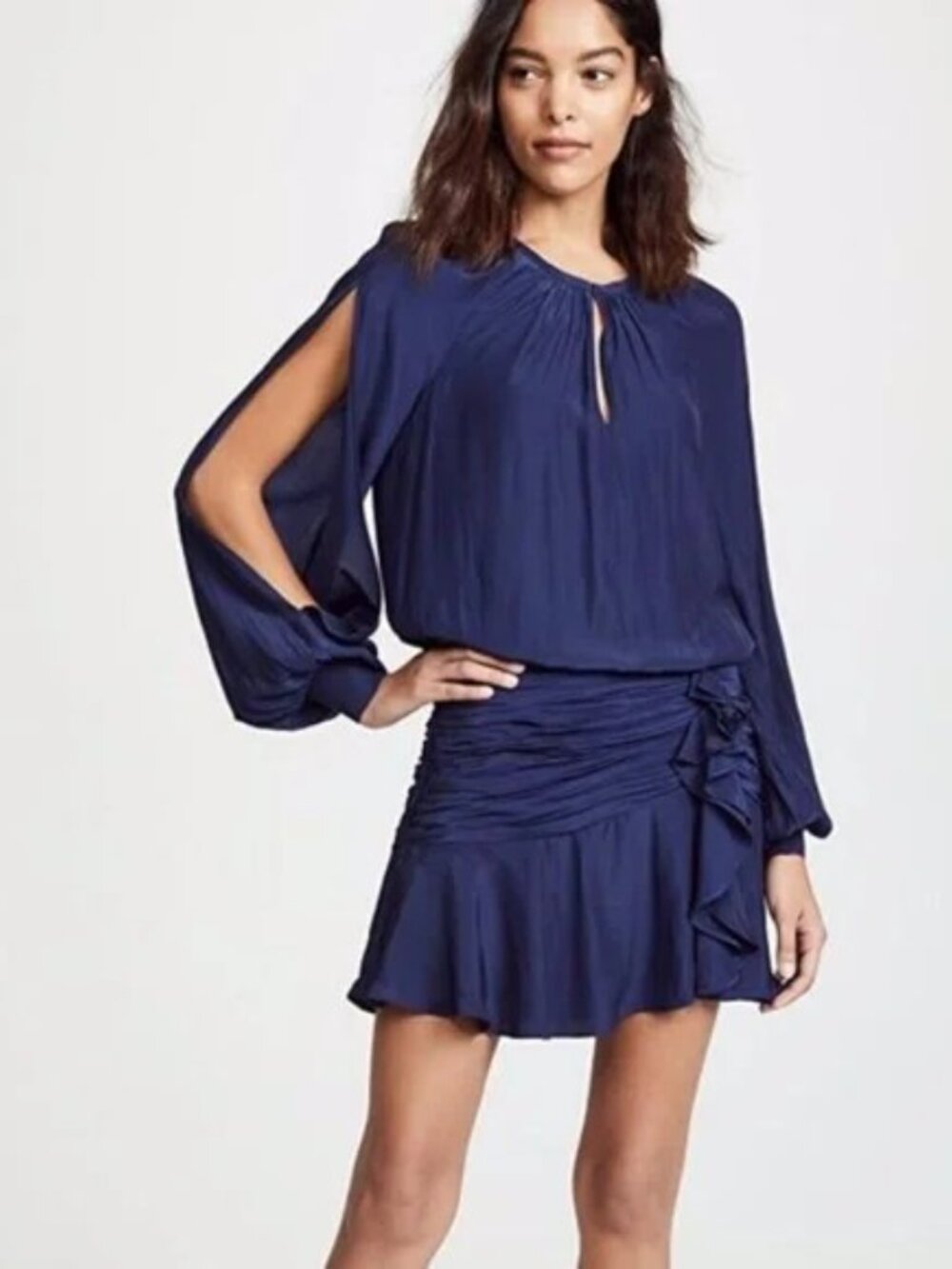 Ramy Brook Becca Navy Silk Ruched Blouson Mini Dress Long Sleeve Size 2